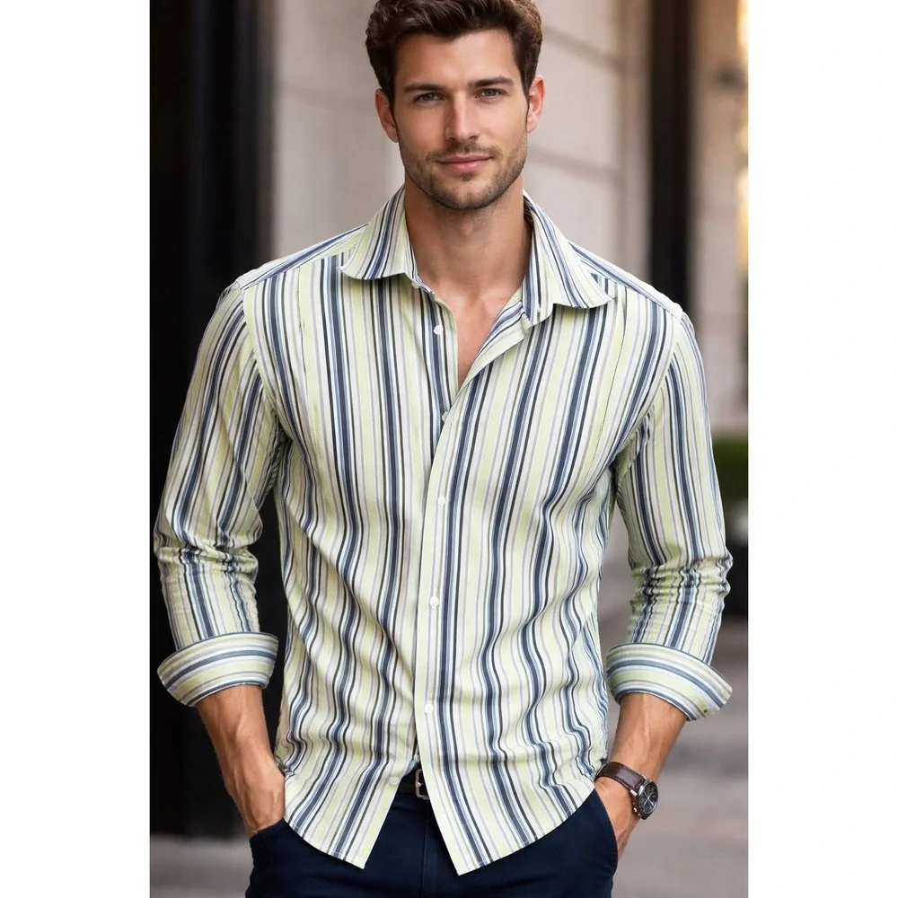 Y Chrome Men's Striped Button Down Shirt Long Sleeve Size L